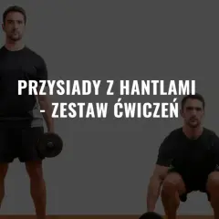 Mężczyzna wykonuje przysiady z hantlami, prezentując zestaw ćwiczeń.