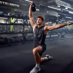 Mężczyzna wykonuje ćwiczenie z kettlebell w siłowni. To część jego zajęć tbc.