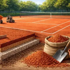 Przygotowanie kortów Roland Garros: warstwy nawierzchni, taczka z gliną, łopata i grabie.