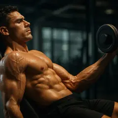 Mężczyzna wykonuje ćwiczenia na biceps z hantlem na ławce skośnej. Jego mięśnie są wyraźnie zarysowane i spocone.