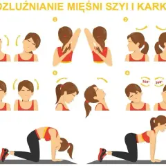 Ilustracja pokazuje ćwiczenia na rozluźnienie mięśni karku i szyi: skłony, obroty głowy, unoszenie barków i pozycję "koci grzbiet".