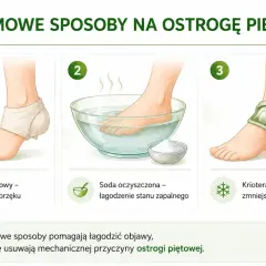 Domowe sposoby na ostrogę piętową: okład z octu jabłkowego, kąpiel z sodą, krioterapia.