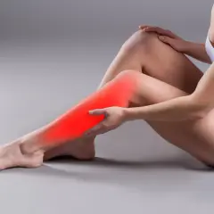 Kobieta masuje czerwoną, bolesną łydkę, wskazując na naciągnięty mięsień łydki.