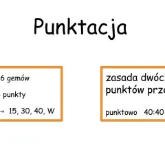 Zasady punktacji w tenisie: 1 set to 6 gemów, 1 gem to punkty (15, 30, 40, W). W fazie gry na korcie obowiązuje zasada dwóch punktów przewagi.