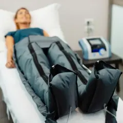 Kobieta leży na łóżku, jej nogi są w specjalnych mankietach. To presoterapia, zabieg poprawiający krążenie.