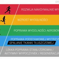 Grafika przedstawia poziomy wysiłku i ich efekty, od bardzo ciężkiego treningu aerobowego rozwijającego wytrzymałość i szybkość, po bardzo lekki poprawiający zdrowie.