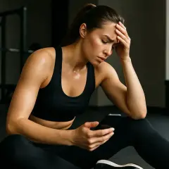 Zmęczona kobieta w siłowni sprawdza telefon, zastanawiając się, ile razy w tygodniu ćwiczyć, by osiągnąć cel.