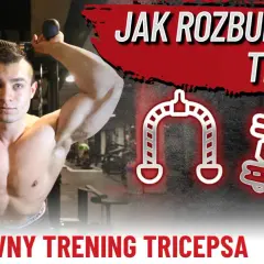 Mężczyzna wykonuje ćwiczenia na triceps z linkami wyciągu. Grafiki ilustrują trening tricepsa.