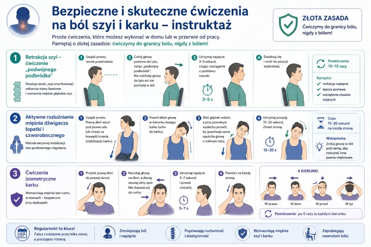Instruktaż ćwiczeń na szyję i kark: ćwiczenia na szyję poprawiają postawę, redukują napięcie i zapobiegają bólowi.