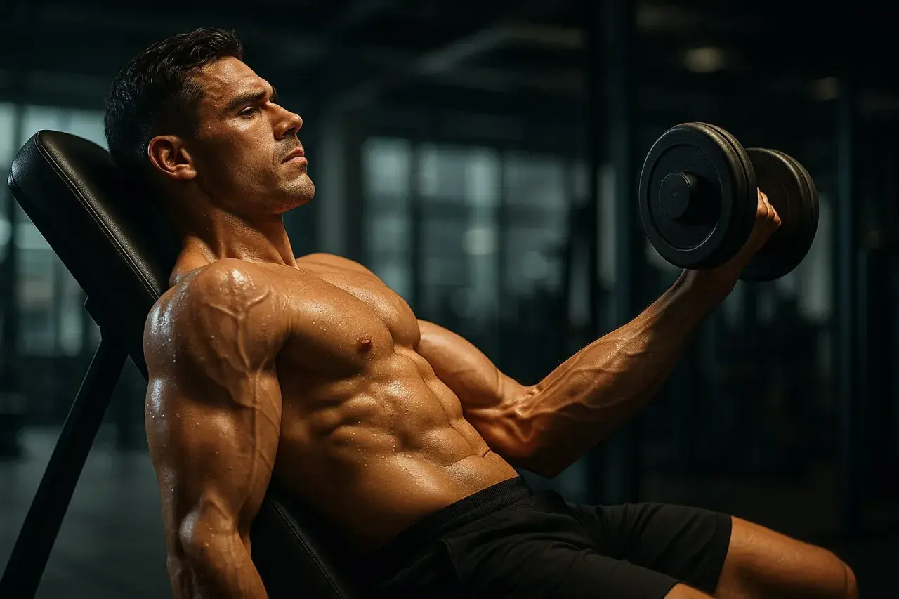 Mężczyzna wykonuje ćwiczenia na biceps z hantlem na ławce skośnej. Jego mięśnie są wyraźnie zarysowane i spocone.