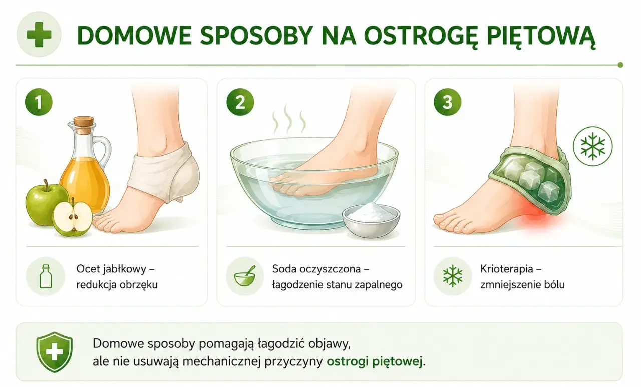 Domowe sposoby na ostrogę piętową: okład z octu jabłkowego, kąpiel z sodą, krioterapia.