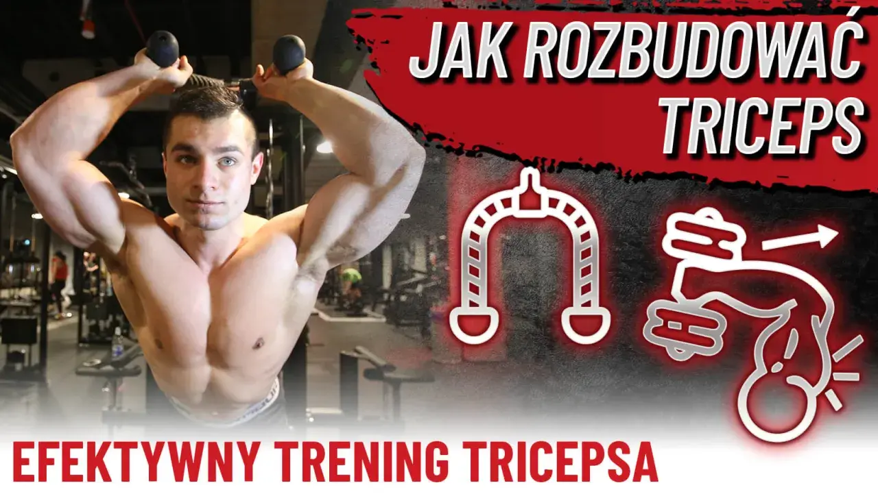Mężczyzna wykonuje ćwiczenia na triceps z linkami wyciągu. Grafiki ilustrują trening tricepsa.