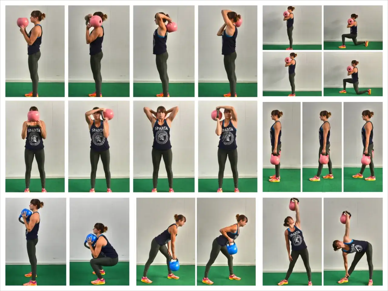 Kobieta wykonuje ćwiczenia z kettlebell: przysiady, wykroki, martwy ciąg. Przykłady treningu funkcjonalnego.