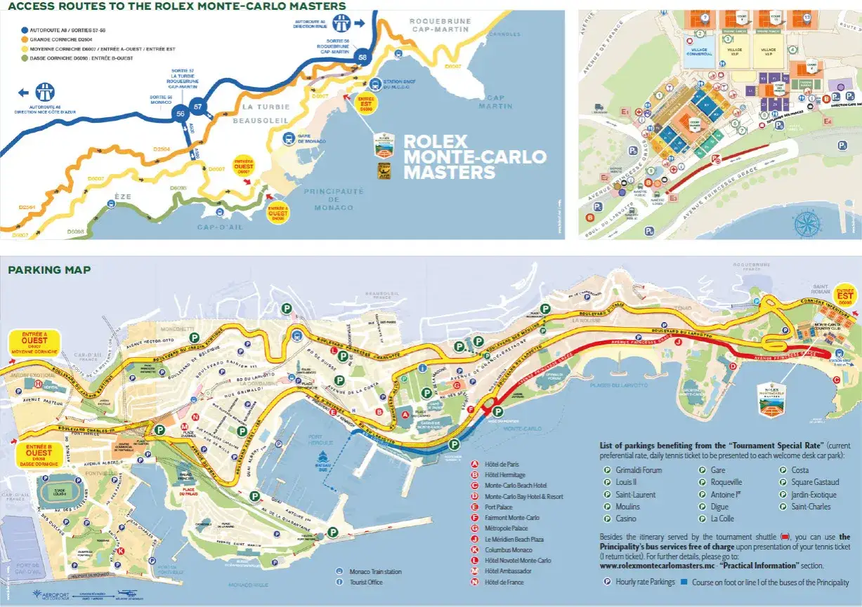 Mapa dróg i parkingów w Monte Carlo, gdzie jest Rolex Monte-Carlo Masters.