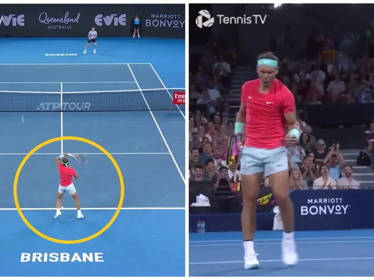Rafael Nadal w akcji na korcie w Brisbane. Jego gra to nadal wzrost formy, co widać po jego skupieniu i sile uderzenia.