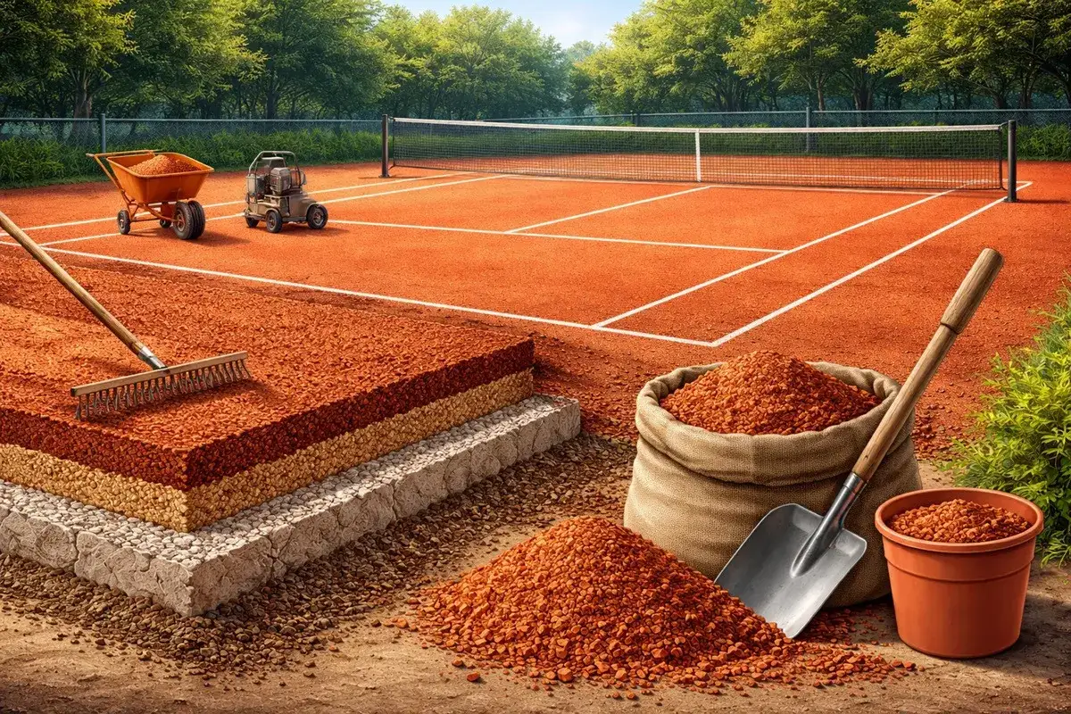 Przygotowanie kortów Roland Garros: warstwy nawierzchni, taczka z gliną, grabie i łopata do gliny.