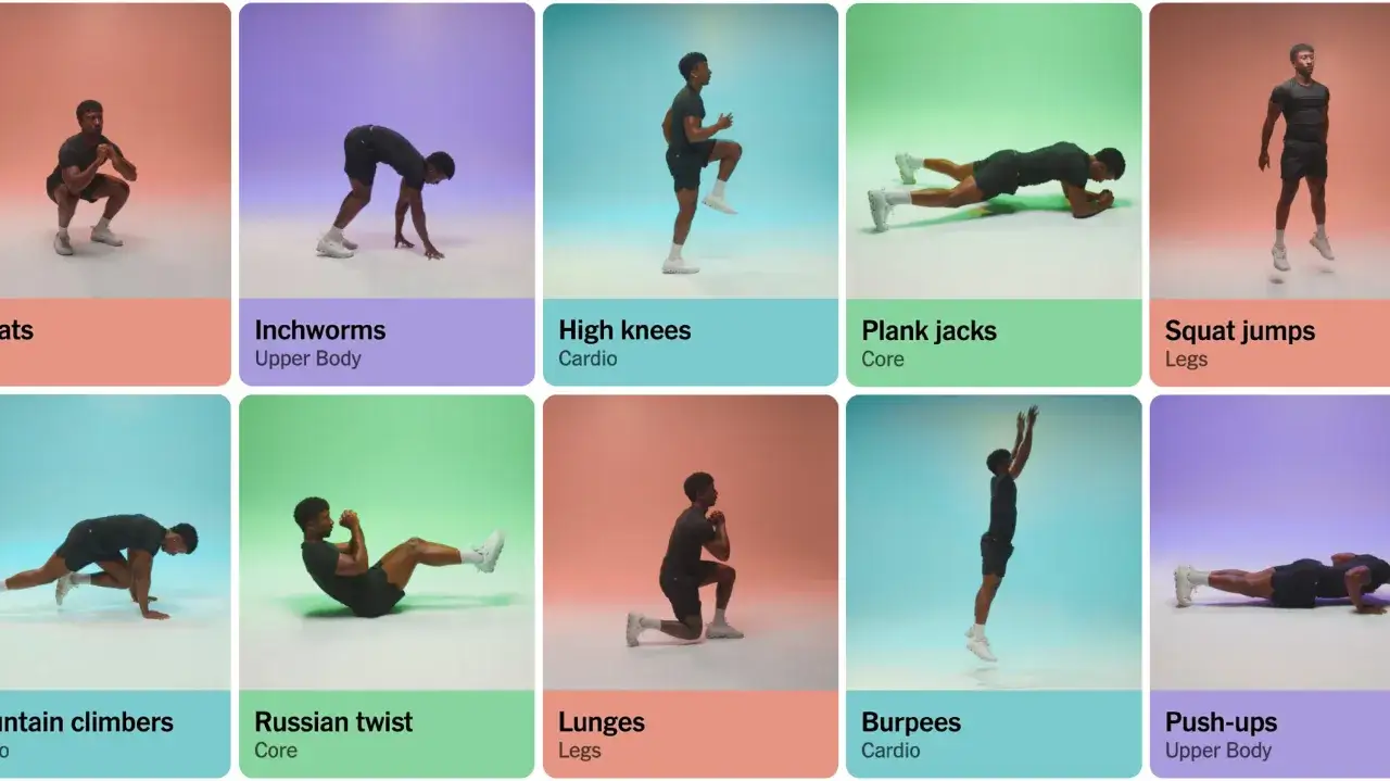 Dowiedz się, hiit co to! Zobacz ćwiczenia: przysiady, inchworms, wysokie kolana, plank jacks, burpees, pompki i inne.
