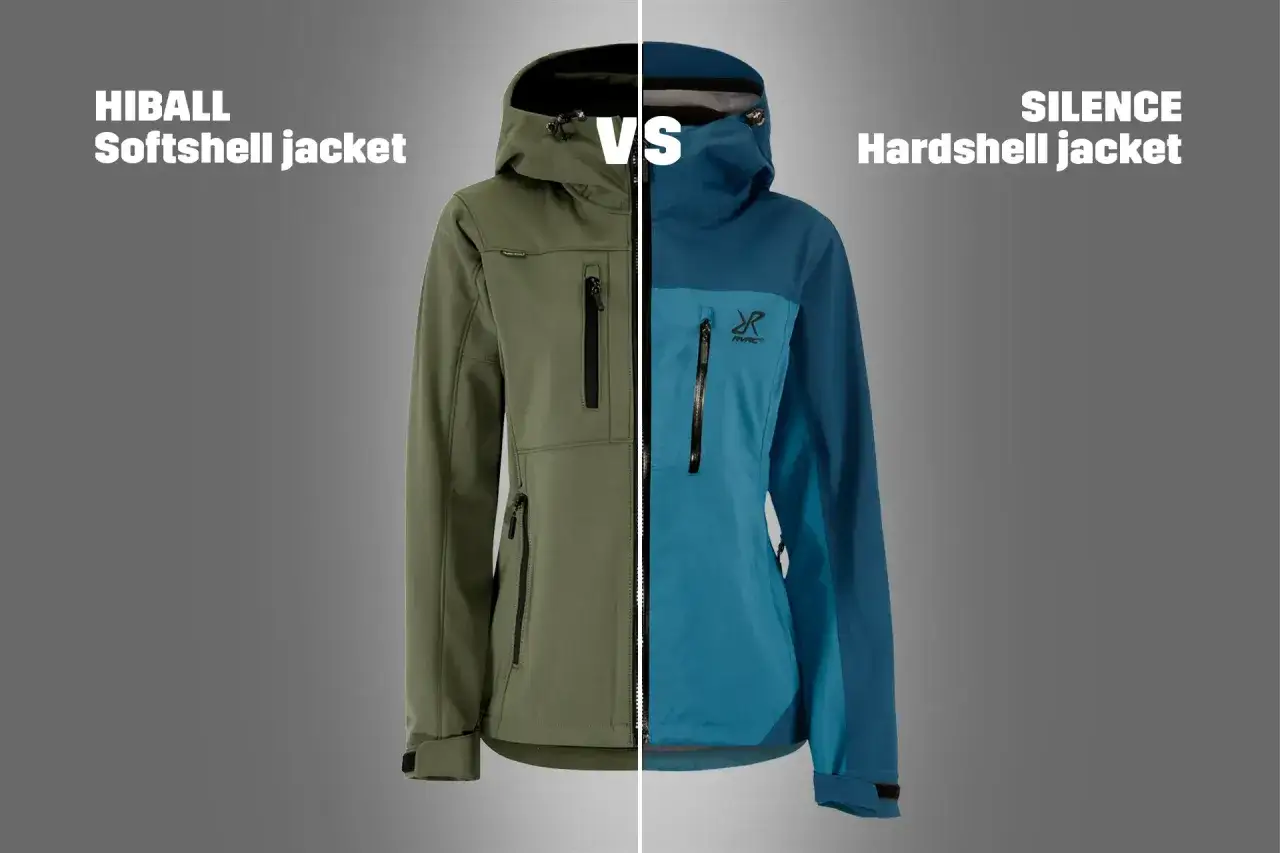 Porównanie: zielona kurtka softshell vs. niebieska kurtka hardshell. Hardshell to kurtka chroniąca przed deszczem i wiatrem.