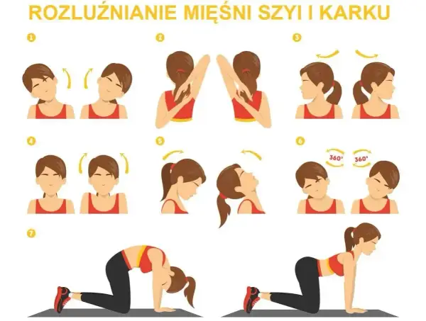 Ilustracja pokazuje ćwiczenia na rozluźnienie mięśni karku i szyi: skłony, obroty głowy, unoszenie barków i pozycję "koci grzbiet".